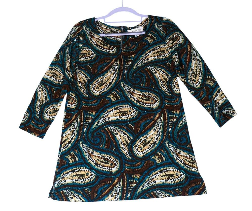 Evan-Picone Dress Womens Small Paisley Teal Brown 3/4 Sleeve Retro Stretch Boho
